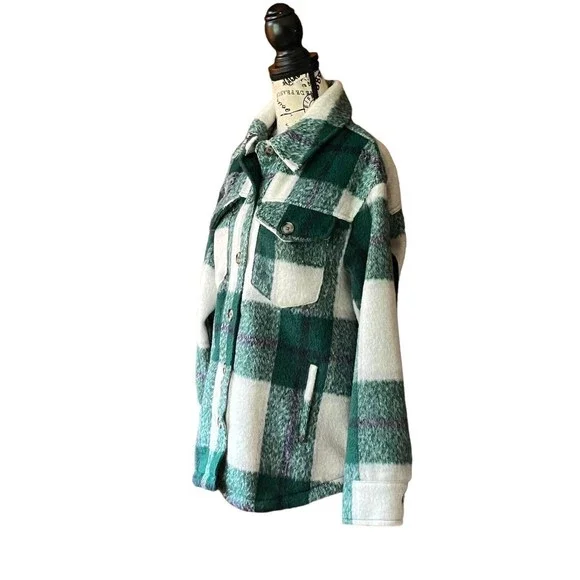 Avec Les Filles sz M green white plaid button up long sleeve Shacket Shirt - Picture 3 of 10